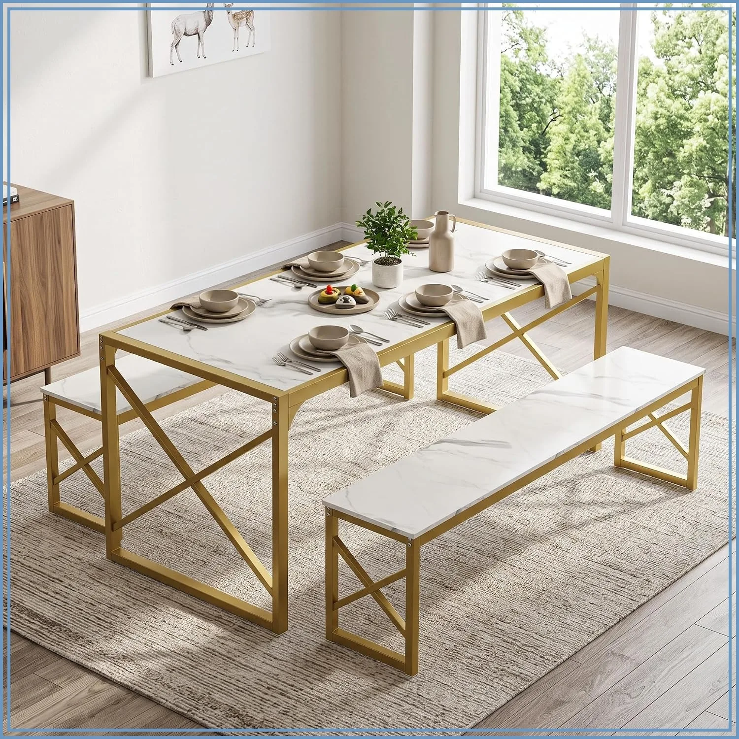 Kitchen Dining Table Set for 4 Steel Frame Wood-Grain Top 2 Benches Space-Saving Golden