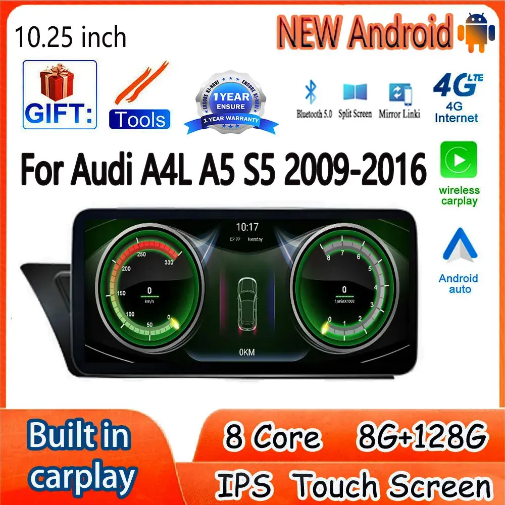 

10.25“ For Audi A4L A5 S5 2009-2016 Car Accessories Android 14 IPS Screen Carplay Monitor Multimedia Radio Player 4G WIFI