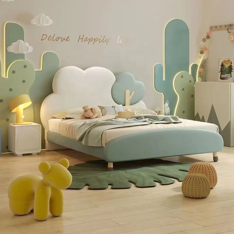 *d forModern Cute Little Tree Bedroom Furniture Set, Boys' and Girls' Leather Bed, Easy-to-clean Single Bed.*