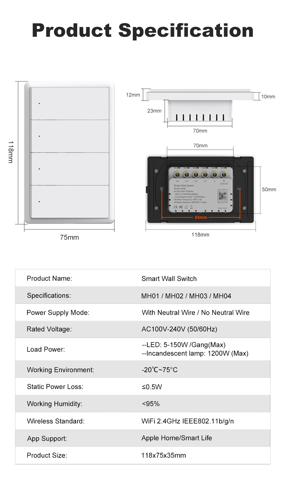 Interruptor de luz inteligente WiFi Manhot Matter de 1, 2, 3 o 4 bandas, requiere neutro, compatible con Smart Life, fun