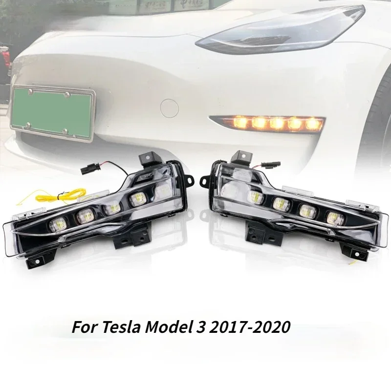 For Tesla Model 3 2018 2019 2020 21 Accessories DRL12V Car Lights LED Daytime Running Light Front Fog Light Flowing Turn Signal