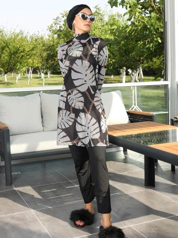 New Summer Beach Muslim Burkini Women Swimsuit Modest Swimwear Islamic ​Bathing Suit，Tropical Plant Print , Quick Drying, UPF50+