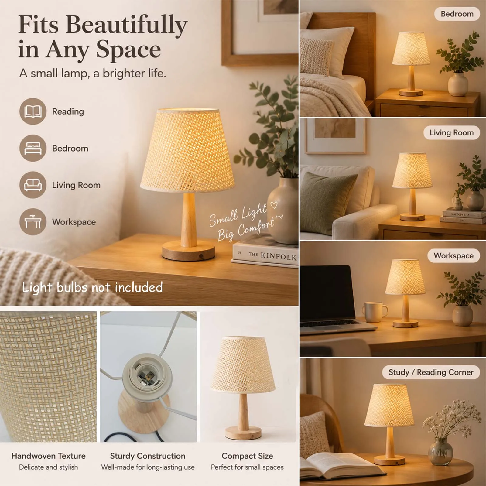 Table Lamp Bedside, Light Brown Woven Rattan Shade, Wood Tapered Stem, E27, Nordic Nightstand