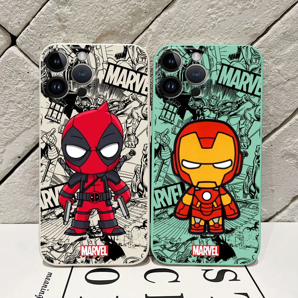 Case for Apple iPhone 14 Plus 15 Pro Max 11 Pro XR SE XS X 7 8 13 Mini 12 Cartoon Marvel Ironman Deadpool Square Liquid Cover