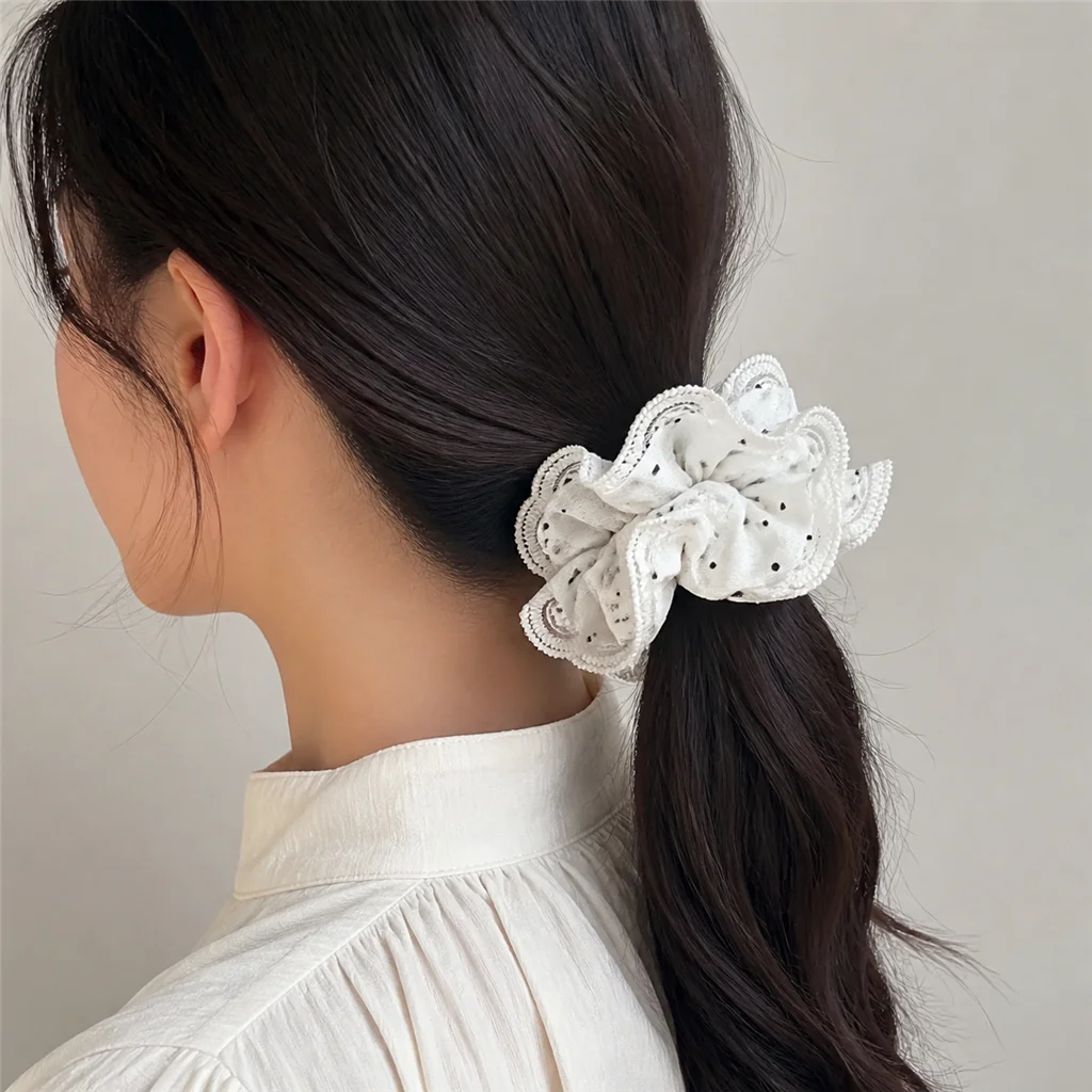 Ivory Black Polka Dot Scalloped Ruffle Single-Layer Scrunchie Oversized Handmade Hair Tie for Women