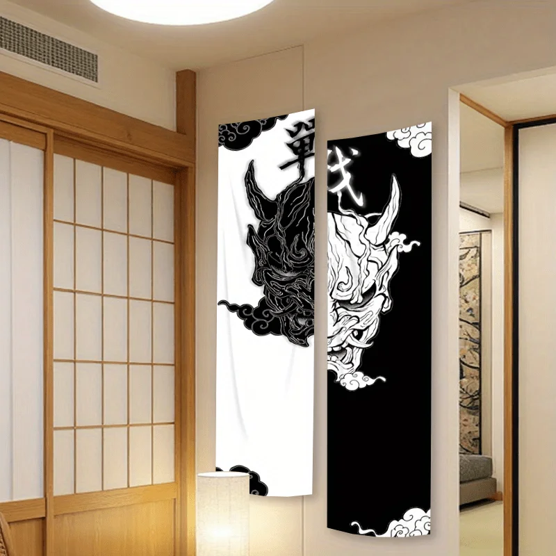 A Modern Art Tapestry Featuring a Black And White Dragon Design, This Long Vertical Banner Is Perfect for Wall Hanging in Bedroo