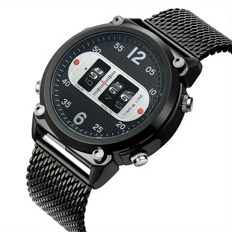 

2025 новые модные креативные роликовые часы, мужские спортивные часы с большим циферблатом, черный сетчатый ремешок, кварцевые наручные часы с цифровым дисплеем, мужские