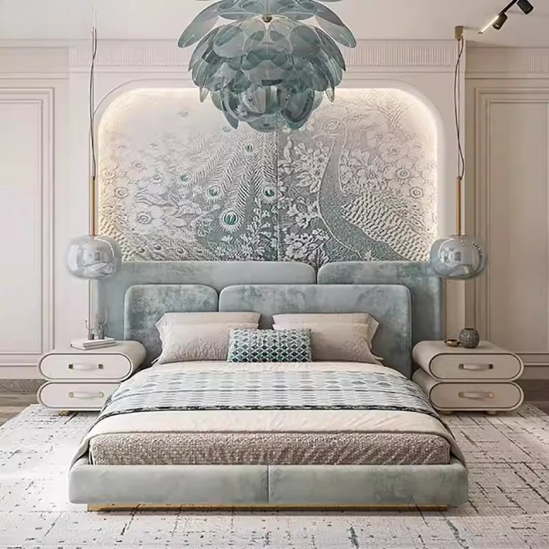 Wide screen modern bed master bedroom high-end atmosphere double 1.8x2 meters solid wood Italian minimalist bed