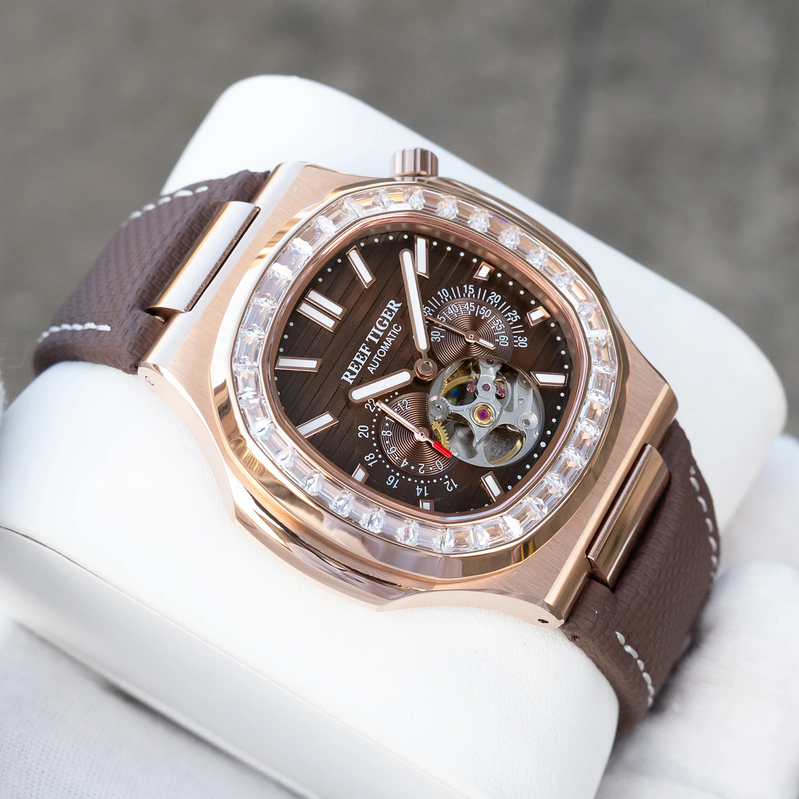 Reef Tiger Men's Rose Gold Diamond Watch with 24-Hour Brown Dial Automatic Multifunction Luminous Tourbillon in Calfskin Leather