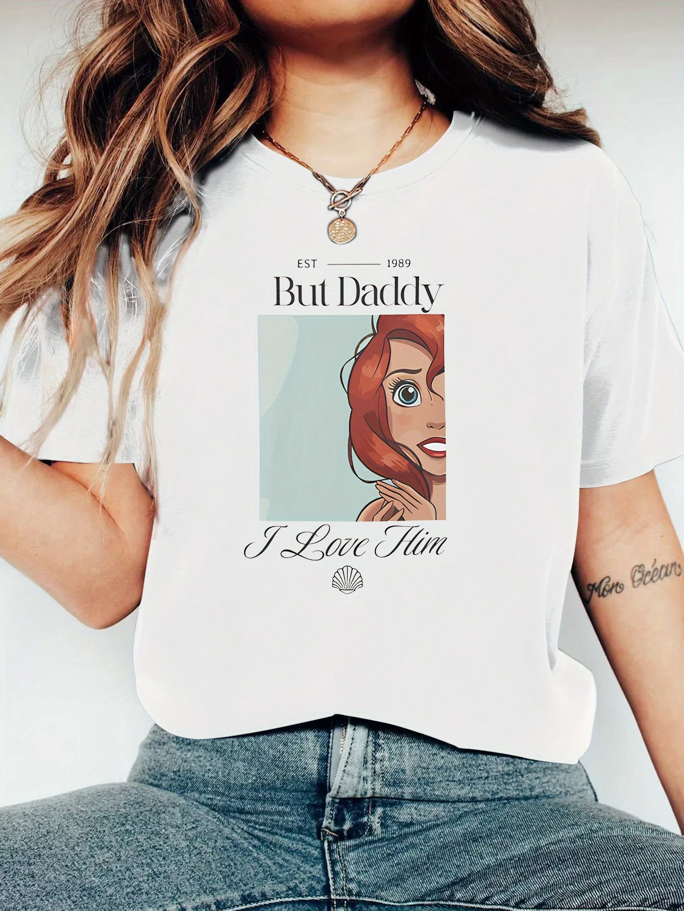 

Little Mermaid "But Daddy" Graphic Women's Casual Tee - Red Anime-Inspired Design, Soft Polyester Blend, Machine Washable