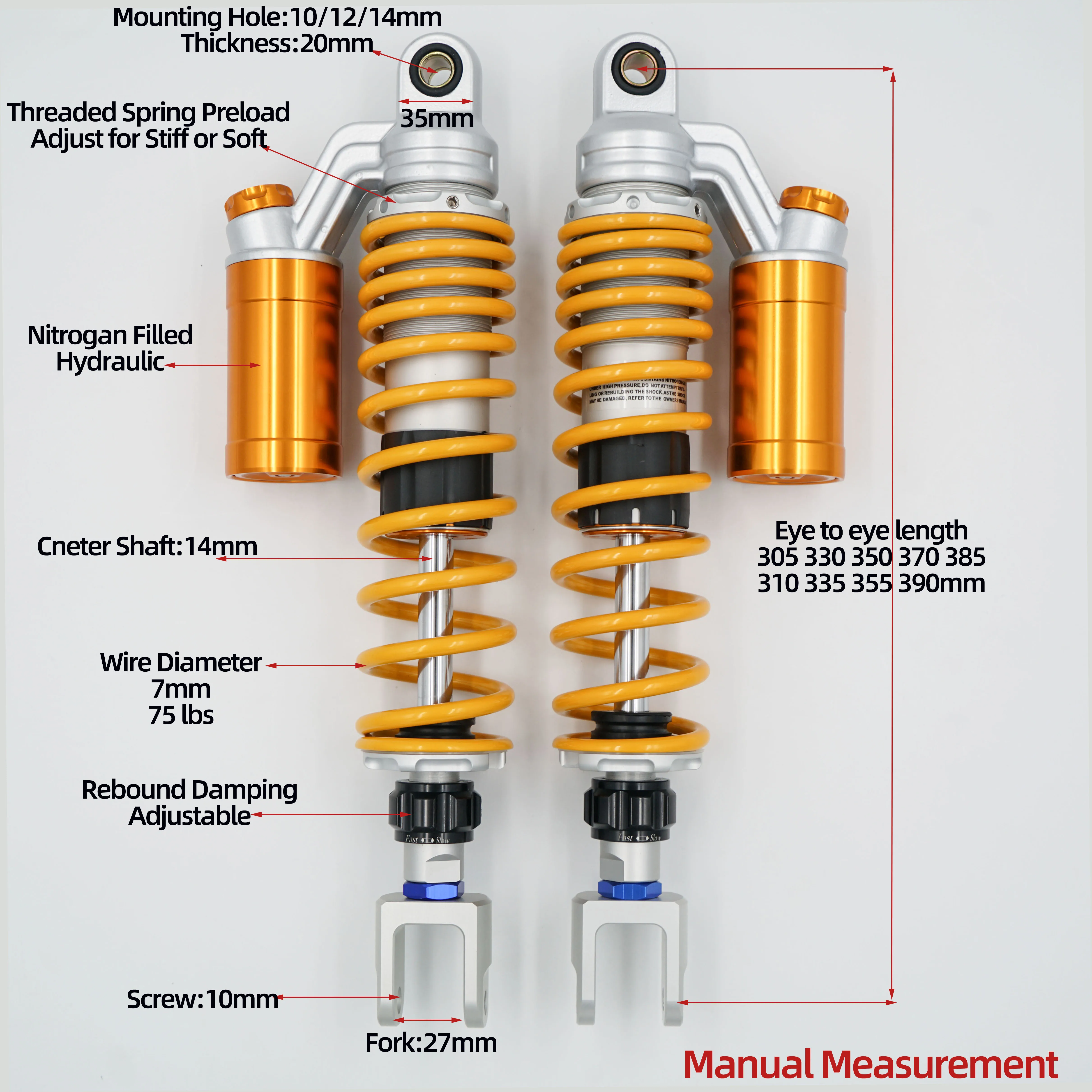 

Fork 27mm Variety 350mm Hydraulic twin rear shocks for Honda NS150G, Kymco H150, RT3C, Joymax Z300, Cyclone RT3, SYM ADV, FZ150