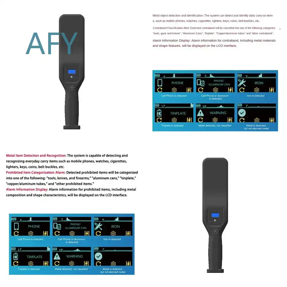 Intelligent Handheld Metal Detector for Daily Supplies with Contraband Alarm Plastic Material Filter and Metal Classification