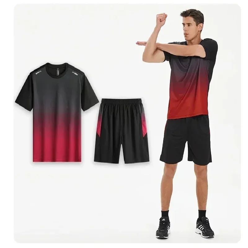 2025 Estate Nuovo Abbigliamento Fitness Seta del Ghiaccio Asciugatura Velocità T-shirt Set Manica Corta da Uomo Abbigliamento Sportivo da Corsa Palestra Set di Allenamento