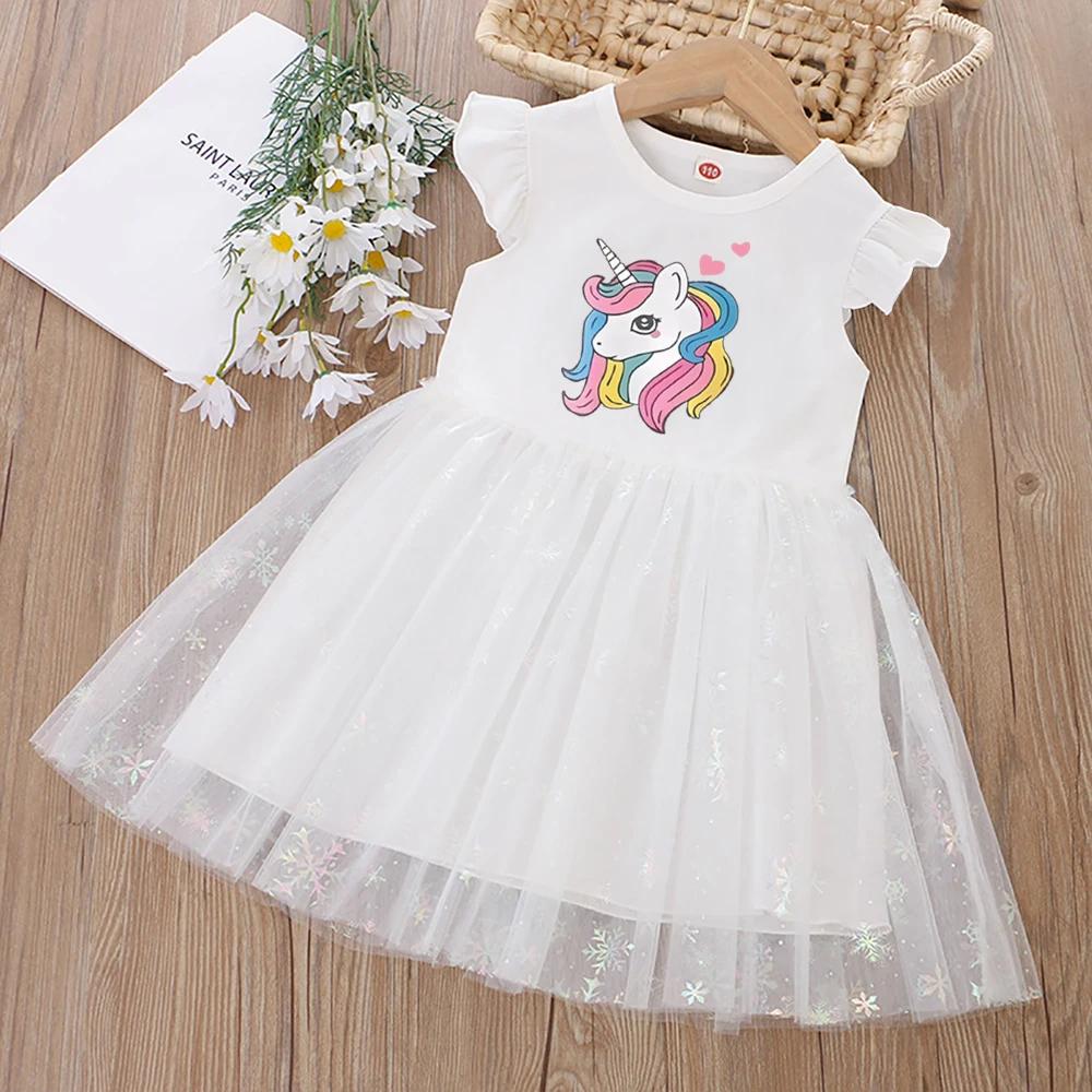 

Rainbow Girls Clothes 2025 New Summer Princess Dresses Flying Sleeve Kids Dress Unicorn Party Baby Dresses for Children Clothing