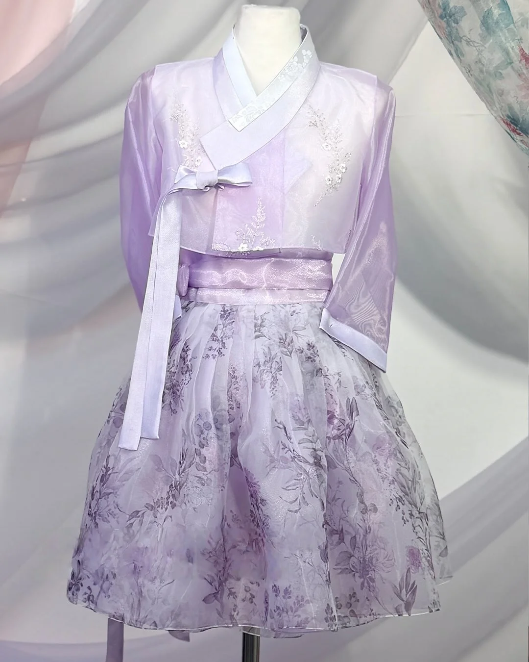 Mojy Purple Elegant Printed fabric Hanbok Mini Dress Korean Traditional Long Sleeves 3 Piece Set Wedding Photoshoot Customized