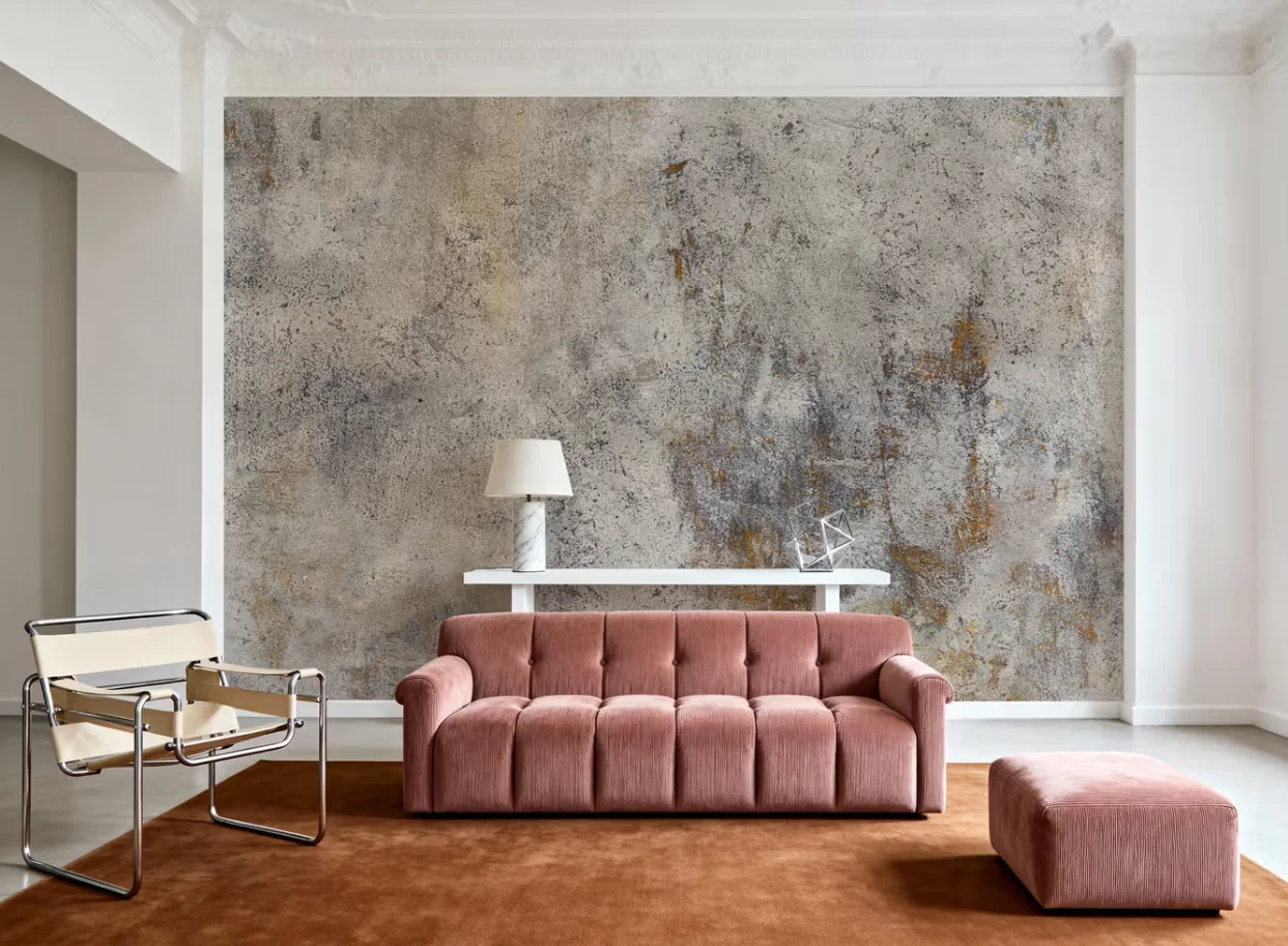 Custom Sized Textured Wallpaper in Smoked Gray, Beige, and Rust Colors, Decorated with Concrete or Natural Stone Shapes 3D Mural