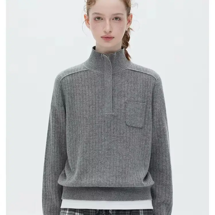 Pure cashmere semi-zipper stand-up collar pit rib long-sleeved knitted sweater female loose high-grade feeling