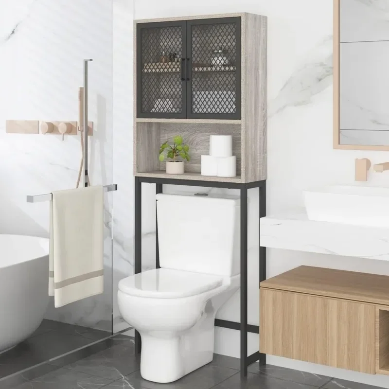 Bathroom Space Saver, Over The Toilet Storage Cabinet, Metal and Wood Industrial Organizer Stand Above Toilet