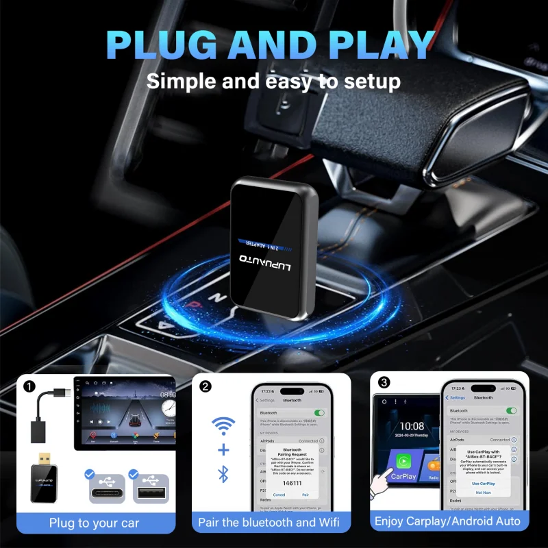 2 in 1 Wired to Wireless CarPlay Android Auto Adapter for OEM Car Stereo With USB Dongle Mini Box Plug and Play Bluetooth view 5