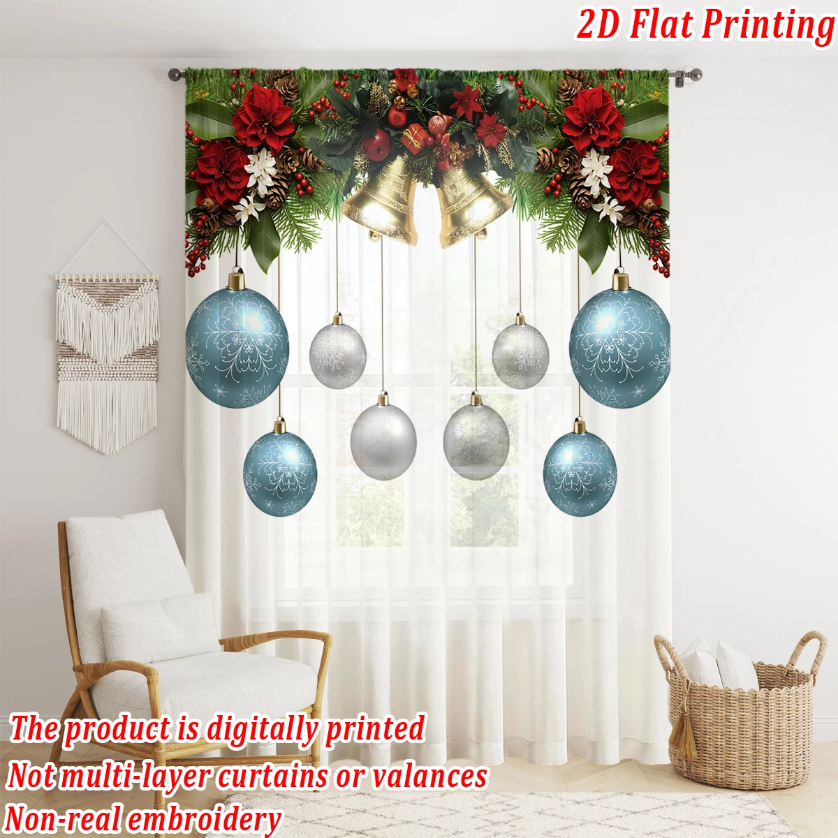 Christmas Flat Printing Sheer Curtain with Christmas Ball Bell Poinsettia Berry for Living Room Bedroom Decor Holiday Party