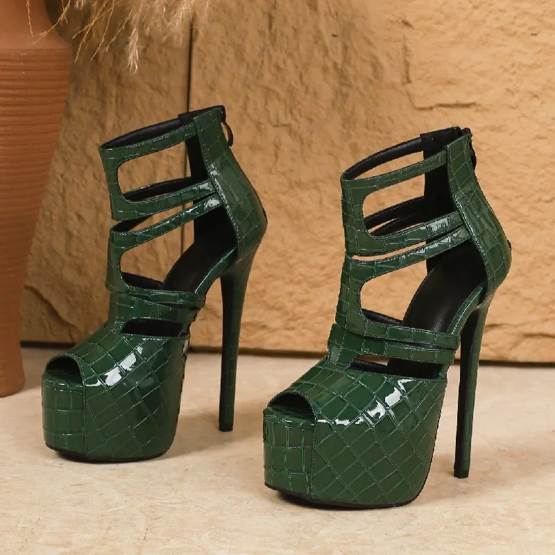 Eilyken Sexy Stiletto High Heels Stone Grain Zipper Woman Sandals Summer Chunky Platform Peep Toe Banquet Shoes