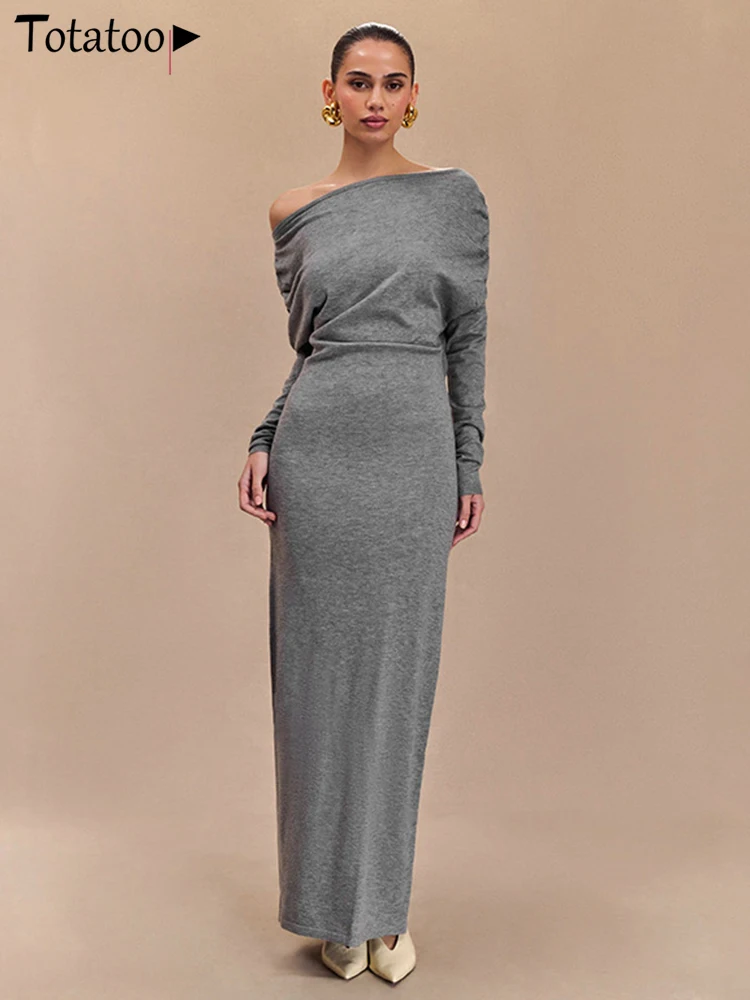 Totatoop Off Shoulder Ruched Bandage Maxi Dress For Women 2024 Autumn Winter Basic Long Dress Slim Vintage Party Solid Robe