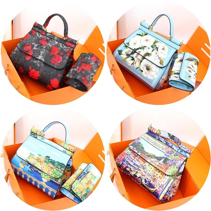 VM FASHION KISS 2024 Handbag Wallet Set Microfiber Playing Cards Printed Metal Frame Top Handbag Single Shoulder Crossbody Bag