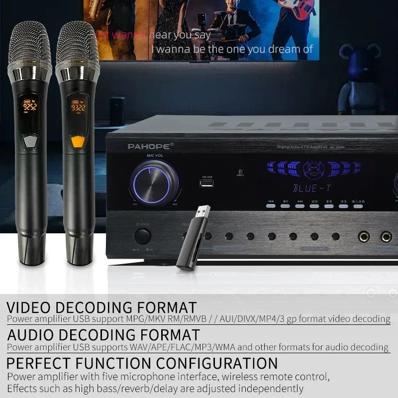 

Home KTV Karaoke Amplifier, DSP 2.0 Channel Audio Receiver, Support USB Function, With Wireless Microphone