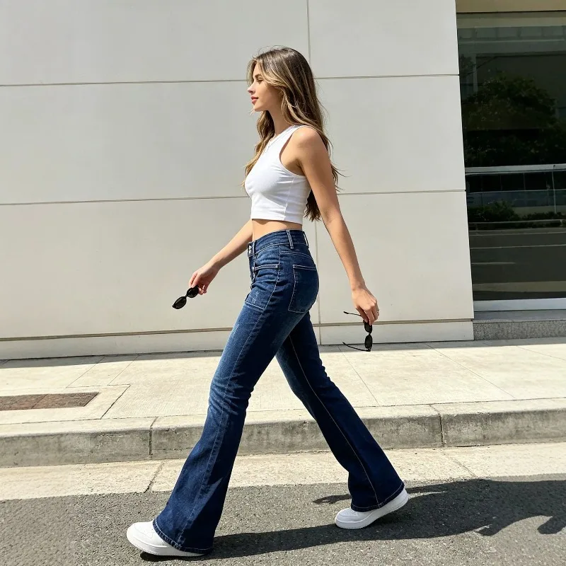 European American Cross-border Women's Jeans A Trendy Brand of High-street Button-down Slimming Elastic Slightly Flared Trousers