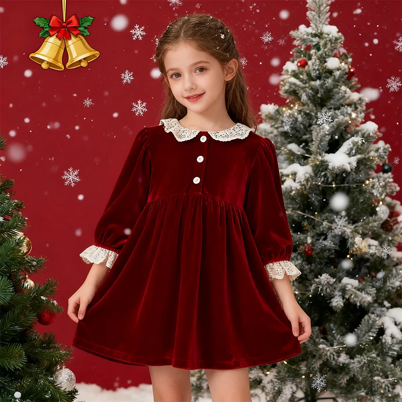 Weihnachtsfeier-Kleid für 1-6-Jährige Mädchen mit Spitzenkragen, Rotes Neujahrs-Prinzessinnenkleid, Kinderkleidung