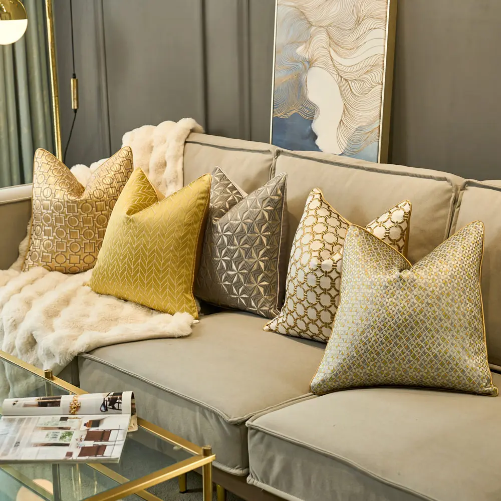Luxury Jacquard Pillow Cover Gold Abstract Geometric Cushion Cover Sofa Vibrant Yellow Chevron/ Lattice/Diamond pillowcase