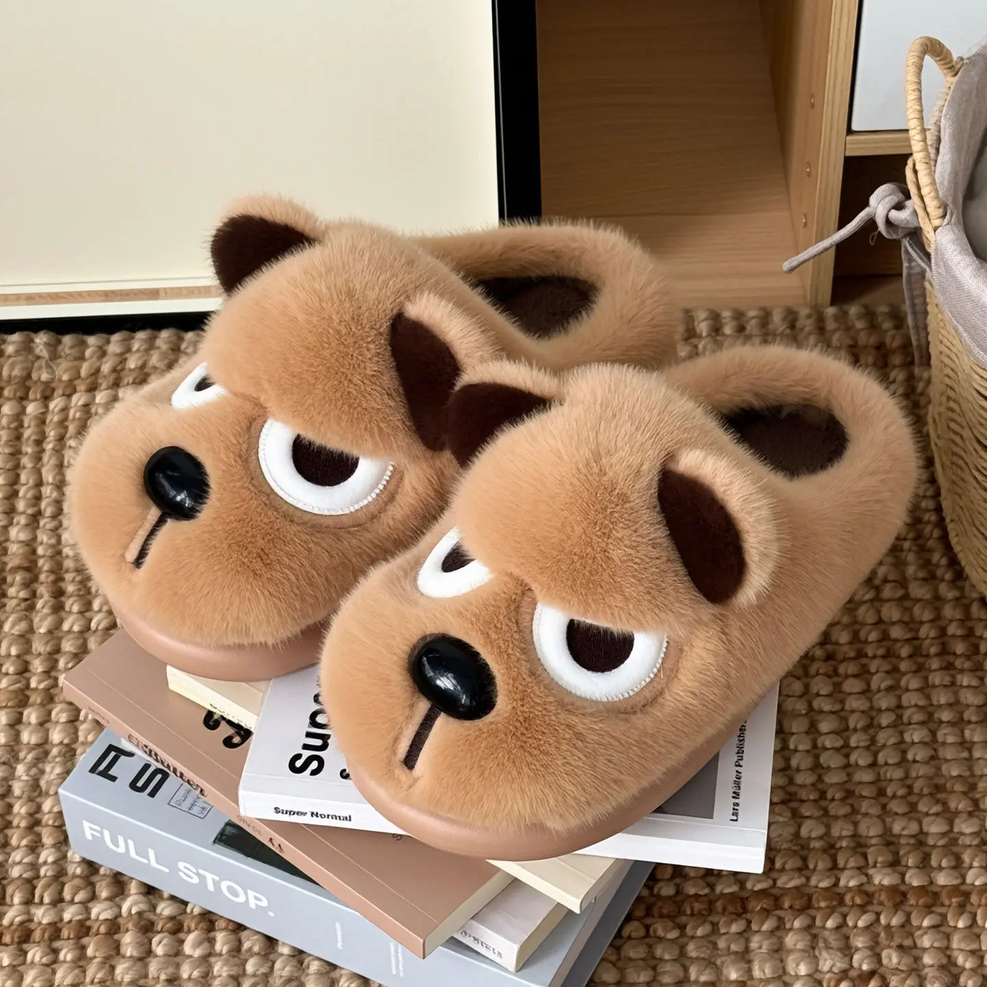 Funny Dog Home Slippers 2025 New Men's Grumpy Puppy Plush Slippers Thick Soled Warm Indoor Household Couple Shoes Winter
