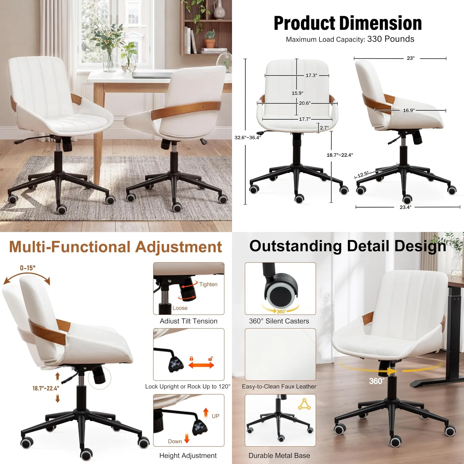 

No-Arm PU Leather Home Office Chair,Adjustable Height Swivel Wheels,Study Reading,Set of 2,Customized