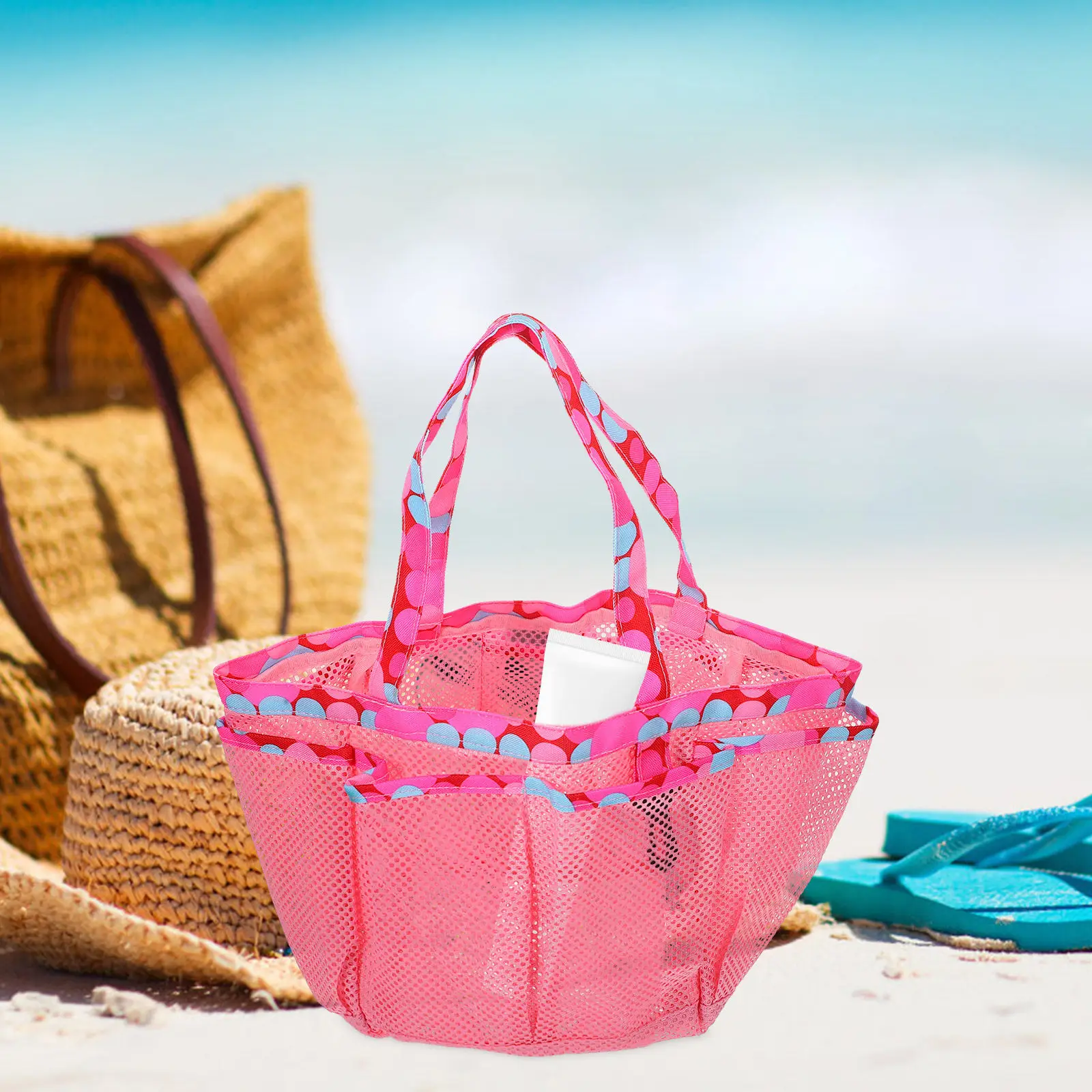 Portable Pink Mesh Shower Tote Bag Large Capacity Quick Dry Waterproof Bath Organizer Hanging Storage Pocket for Shampoo