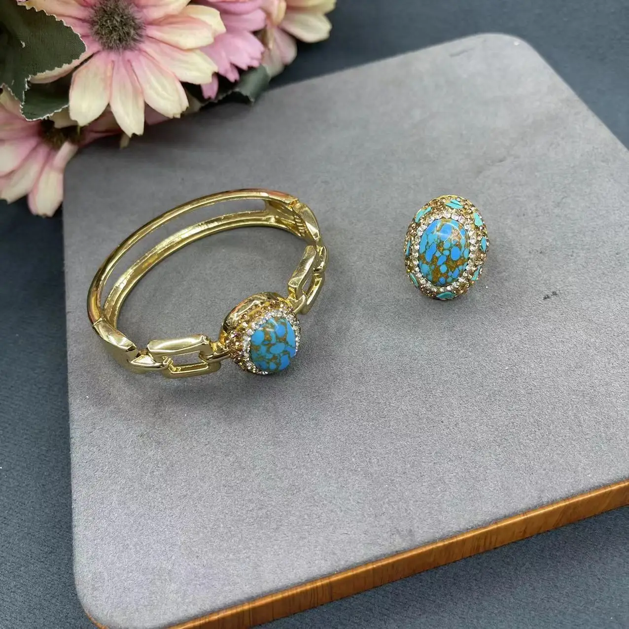 DIY accessories Turquoise bracelet ring Internet celebrity same inlaid Czech diamond color retention electroplating handmade des