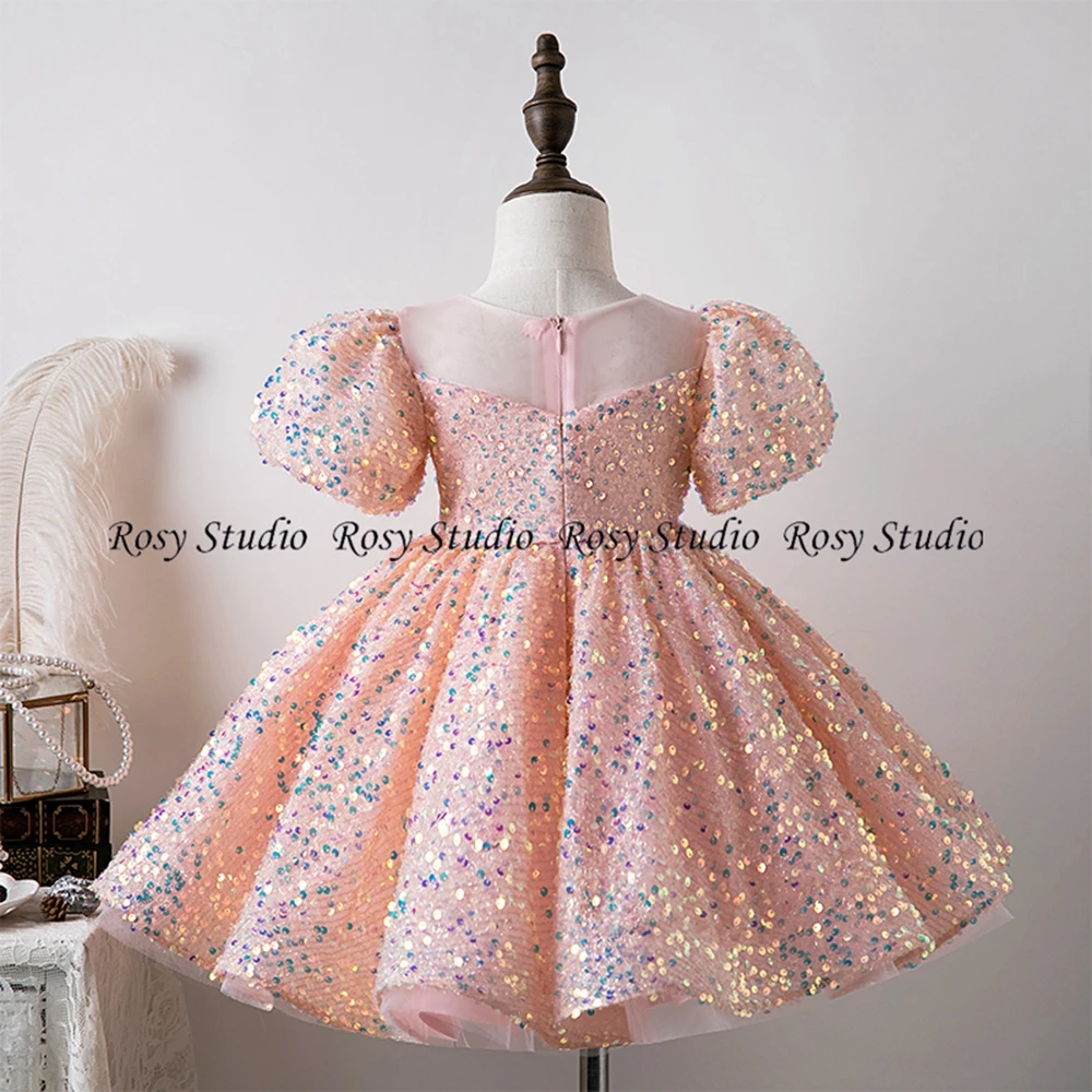 Sparkly Glitter Pink Flowers Girls Dresses O-neck Short Sleeves Ball Gowns A-line Short Kids Birthday Party Dress