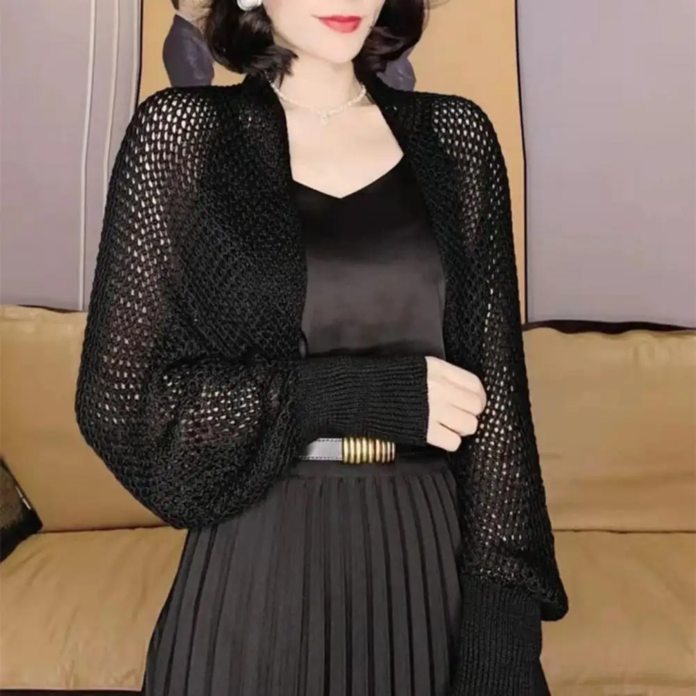 

2026 Women Cardigan Hollow Design Open Front Shawl Coat Long Sleeve Knitting Cover Up Breathable Sunscreen Jacket 80%