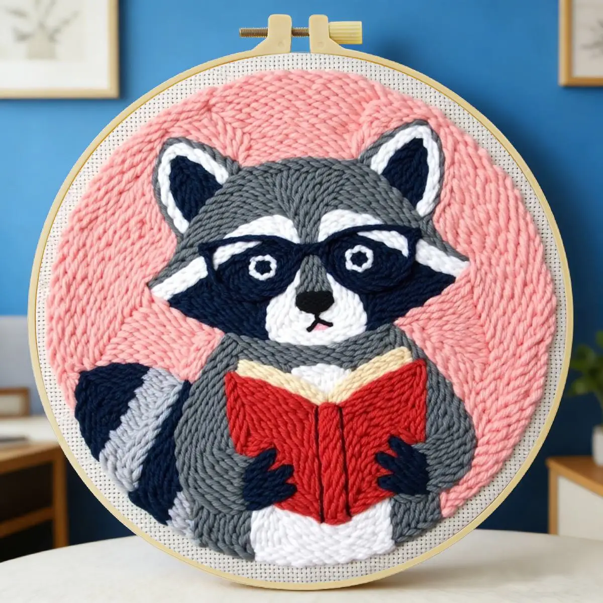 

20X20CM/7.87inch Animal - Raccoon punch needle embroidery set kit Stitch Embroidery Knitted embroidery DIY handmade gift