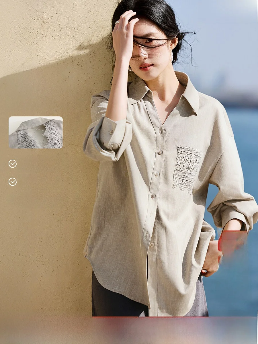 

Ele V-Ne Women's Linen irt XWI Spring Summer Slim Fit Ba Hollow out Design Commute Sle Regular Sve Long irt