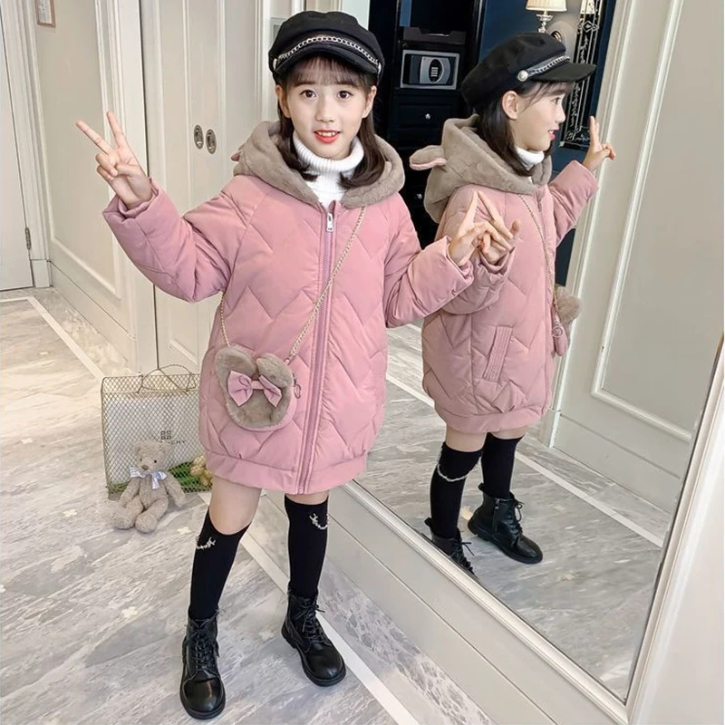 6 8 10 12 14 Years Big Girls Coat Plus Velvet Warm Winter Jacket For Girl Fashion Hooded Long Parkas Children Outerwear Clothing