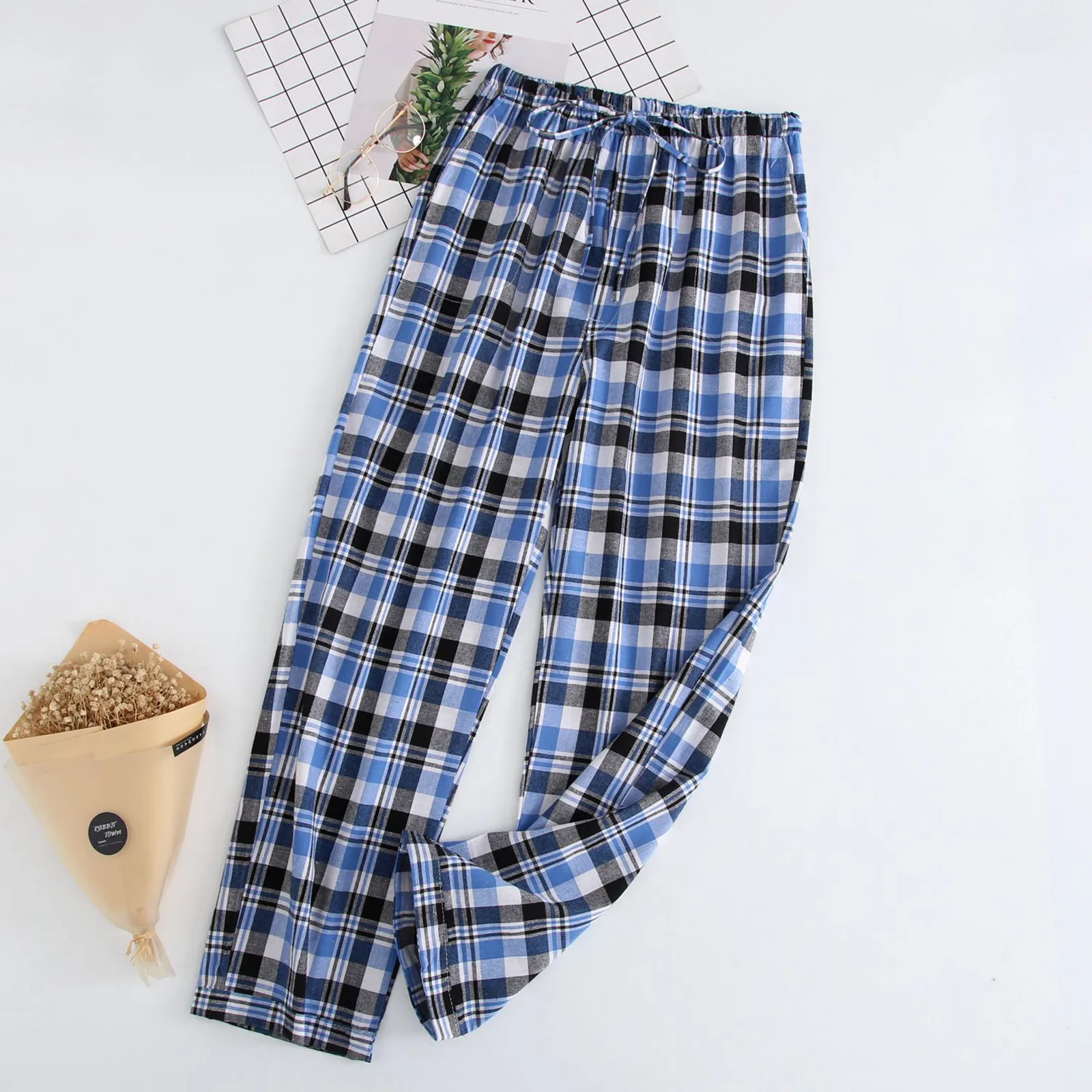 

Men's Fashion Casual Large Plaid Lace Cotton Can Be Worn Outside Pajamas Home Pants Pajamas set pyjama nightgown sleeping