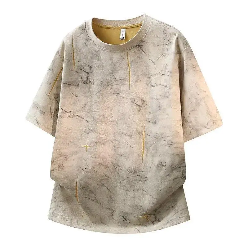 

New American Style Men's Short Sleeve T-Shirt round Neck Wax Dyeing Heavyweight Loose Shoulder Half Sleeve 2026 Cotton Tee