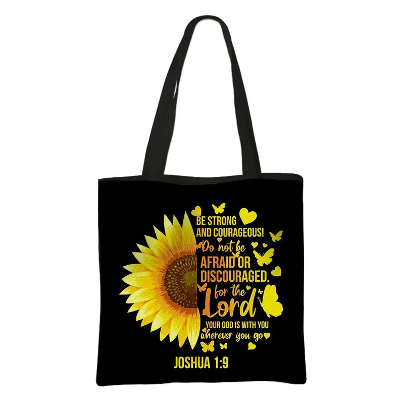 Sunflower Faith Hope Love Shopping Bag Woman Butterfly Pattern Tote Bags Large Capacity Handbag Eco Reusable Shoulder Bags Gift