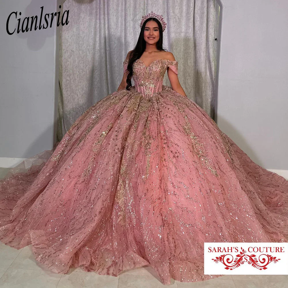 Vestido De quinceañera Rosa elegante, 15 Años, dulce 16 hombros descubiertos, apliques De encaje con cuentas XV, cumpleaños, fiesta De graduación, 2024