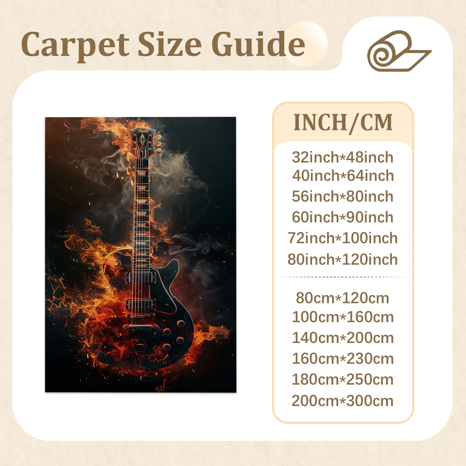 Large Indoor Area Rug, Soft Velvet Low Pile Rug with Non-Slip Dotted Backing, Machine Washable, Dark Burning Electric Guitar Pattern Fiery Rock Style Rug for Living Room, Bedroom, Music Room, Music Lovers Home Decor