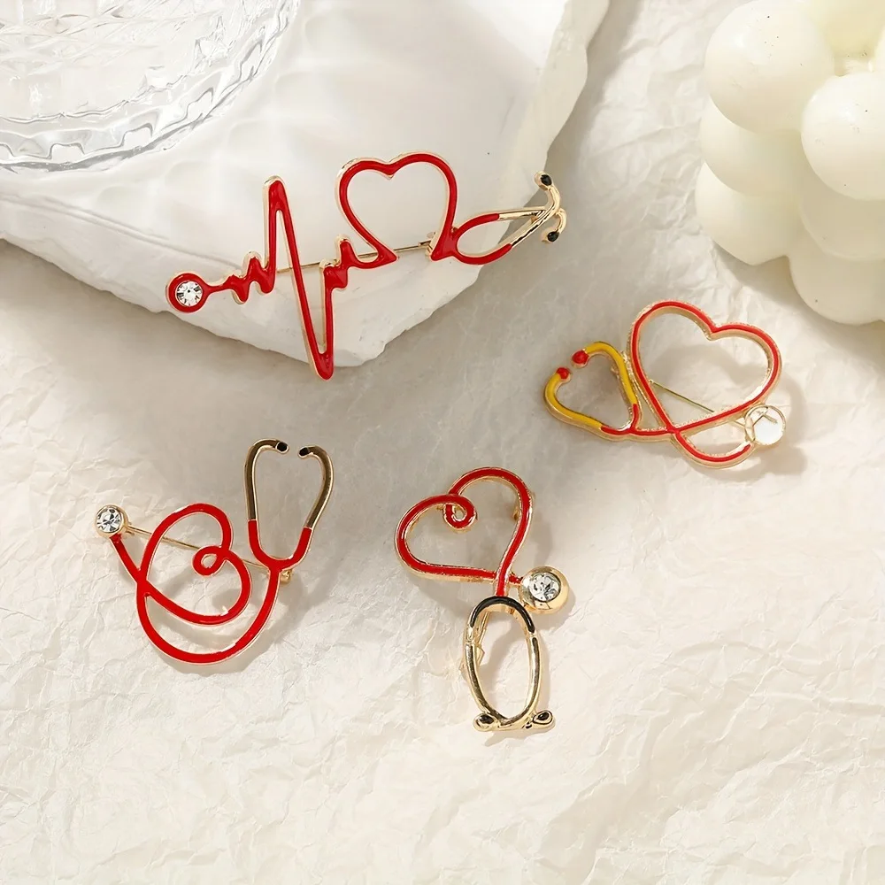 New Medical Medicine Brooch Pin Stethoscope Electrocardiogram Heart Shaped Pin Nurse Doctor Backpack Lapel Hat Clothes Jewelry