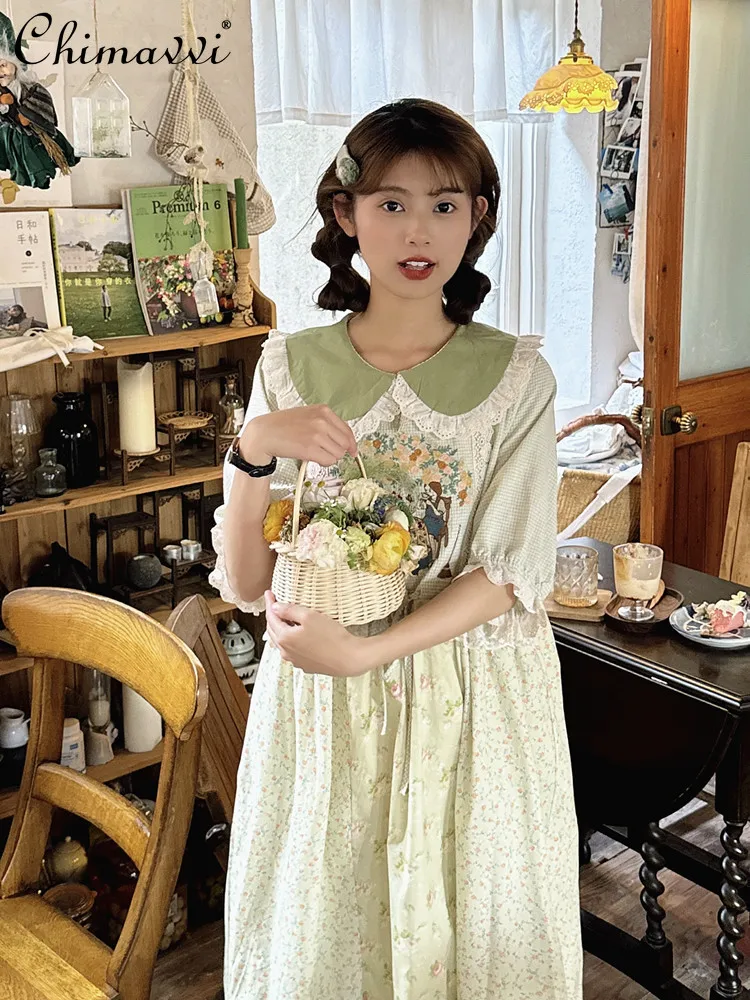 

Summer Vintage Pastoral Style Embroidered Girl Short Sleeve Dress Fashion Green Doll Collar High Waist Slim Elegant Dress Women