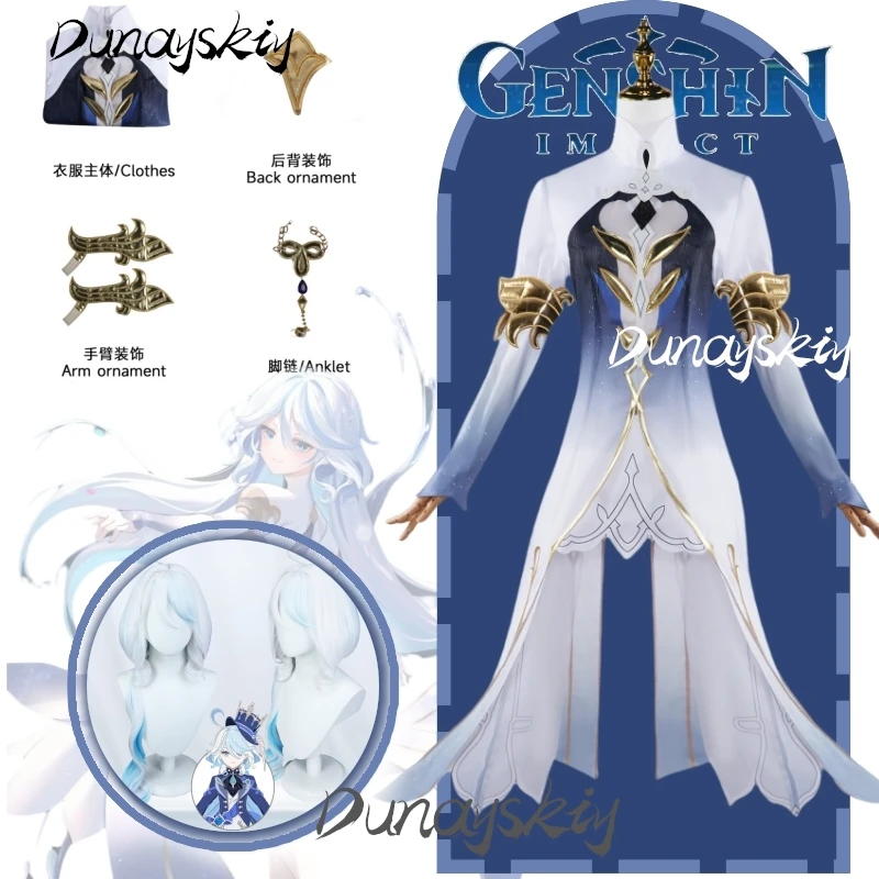 Furina Focalors kostum Cosplay dengan Wig aksesori pakaian Genshin Impact Play pakaian untuk Natal Halloween disesuaikan