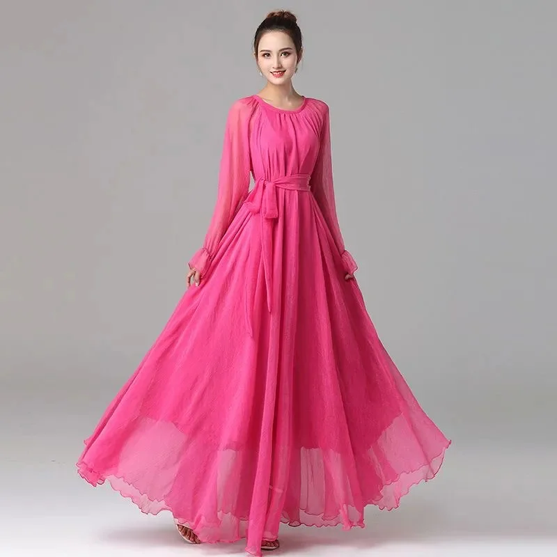 Elegant Chiffon Long Dress 2024 Spring/Summer New Long Sleeve Seaside Vacation Beach Dress Solid Color Elegant Ladies Vestidos