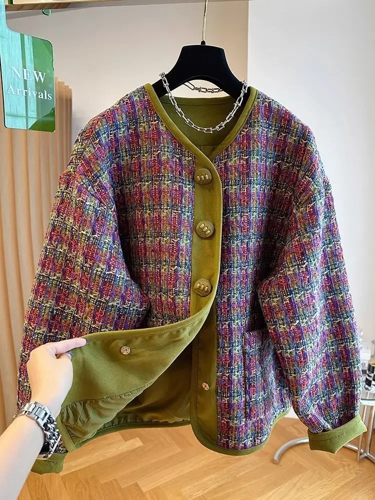 Korean Elegant Popular Tweed Jacket Loose Fashion O-Neck Woven Tweed Coat Men Women American Autumn Trend Suede Top Aesthetic